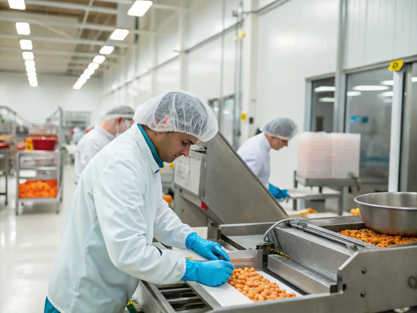 A clean and modern food processing facility with workers in protective gear, highlighting the importance of food safety standards and certification.