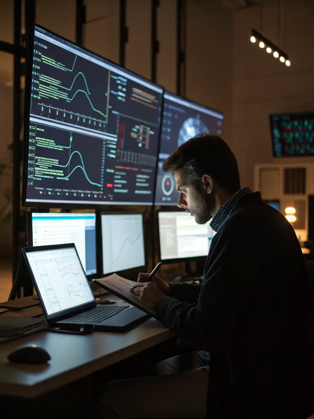A security expert reviewing cybersecurity protocols on a computer screen, ensuring data protection and compliance with ISO 27001 standards.