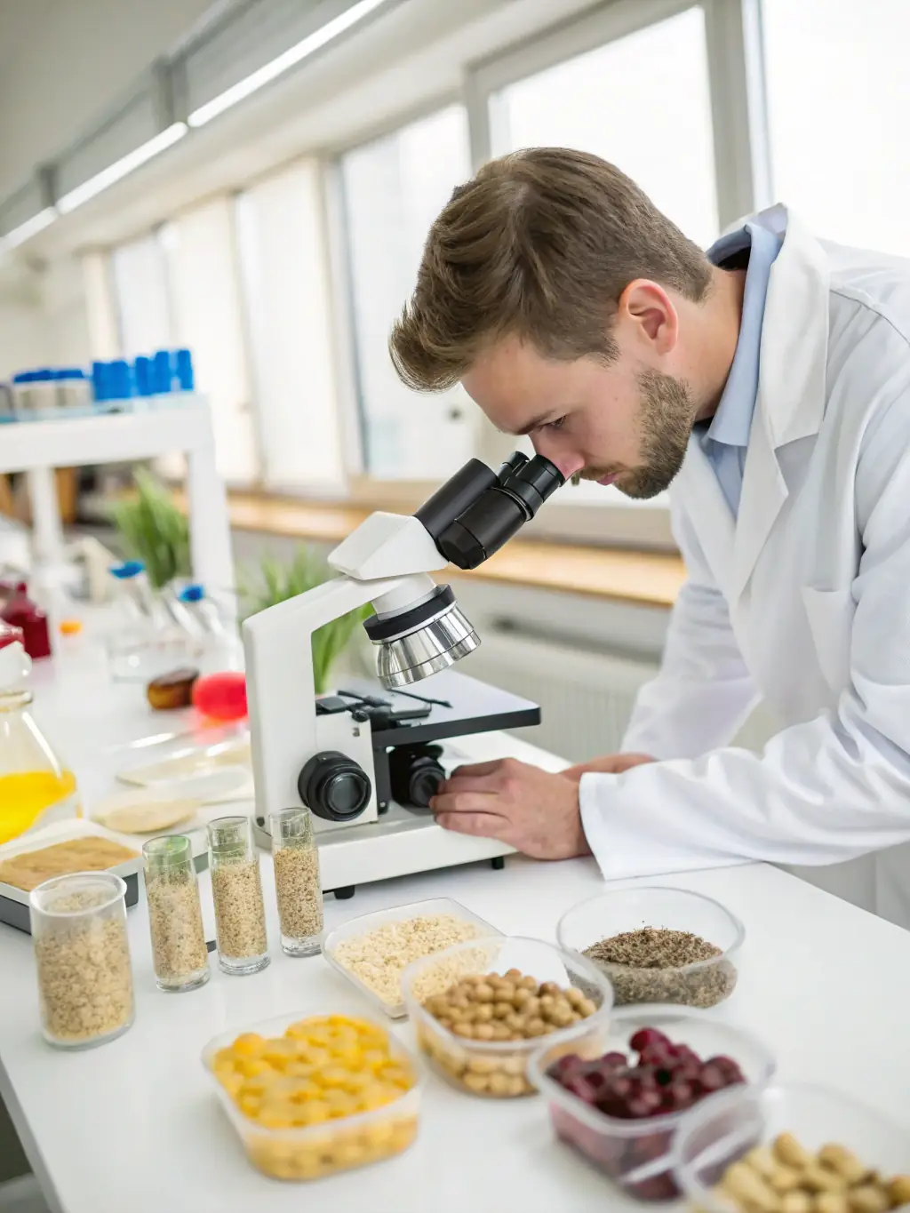 A laboratory technician in a sterile environment, testing food samples for safety and quality, ensuring compliance with ISO 22000 standards.