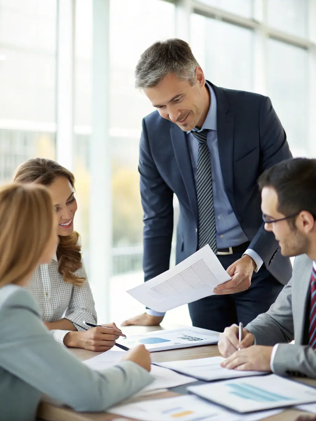 A professional auditor in a blue suit, holding a clipboard and inspecting a manufacturing facility, with a focus on quality control and adherence to ISO 9001 standards.
