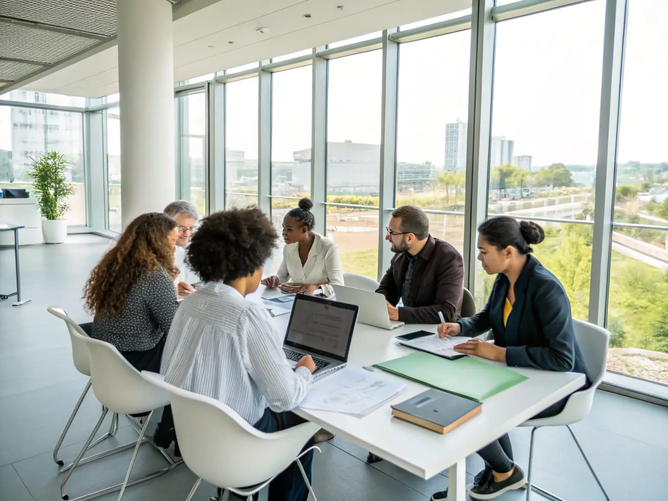 A diverse team discussing environmental management strategies around a table in a bright, eco-friendly office, emphasizing sustainability and corporate responsibility.