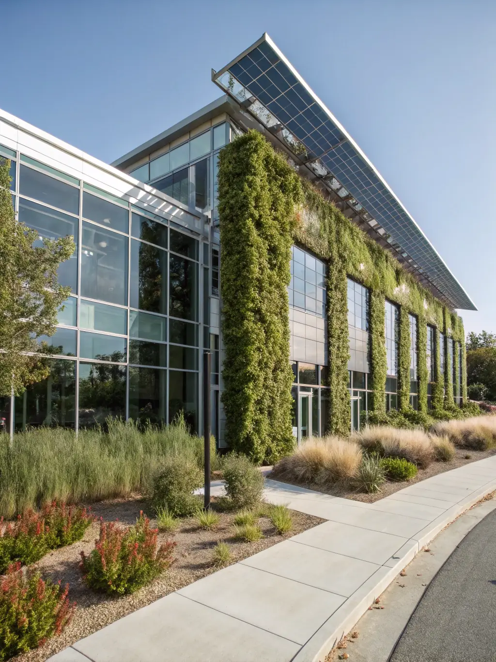 A modern office building with solar panels on the roof, surrounded by greenery, symbolizing environmental sustainability and compliance with ISO 14001 standards.